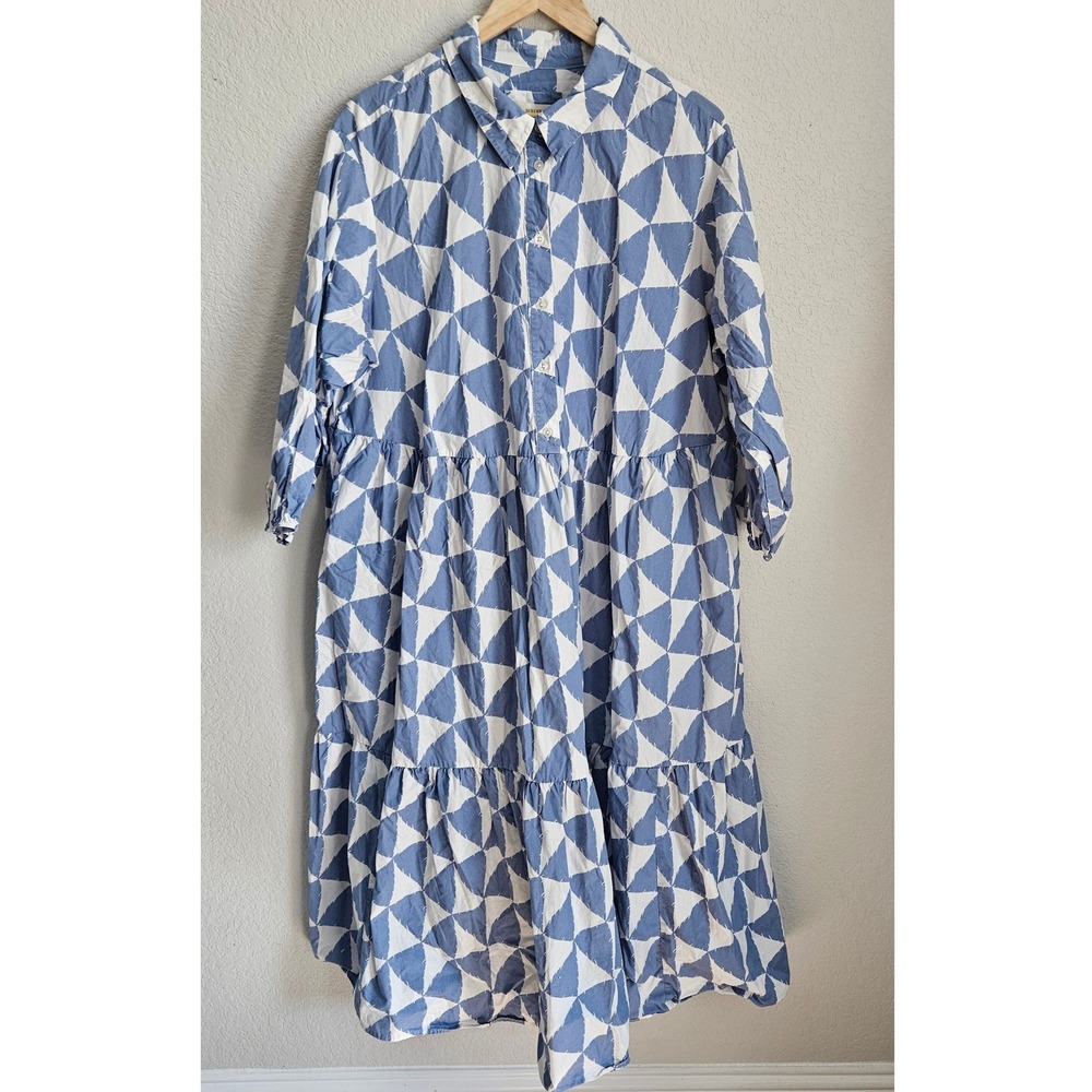 Maeve Anthropologie Blue White Geometric Triangle Tiered Shirt Dress 2X